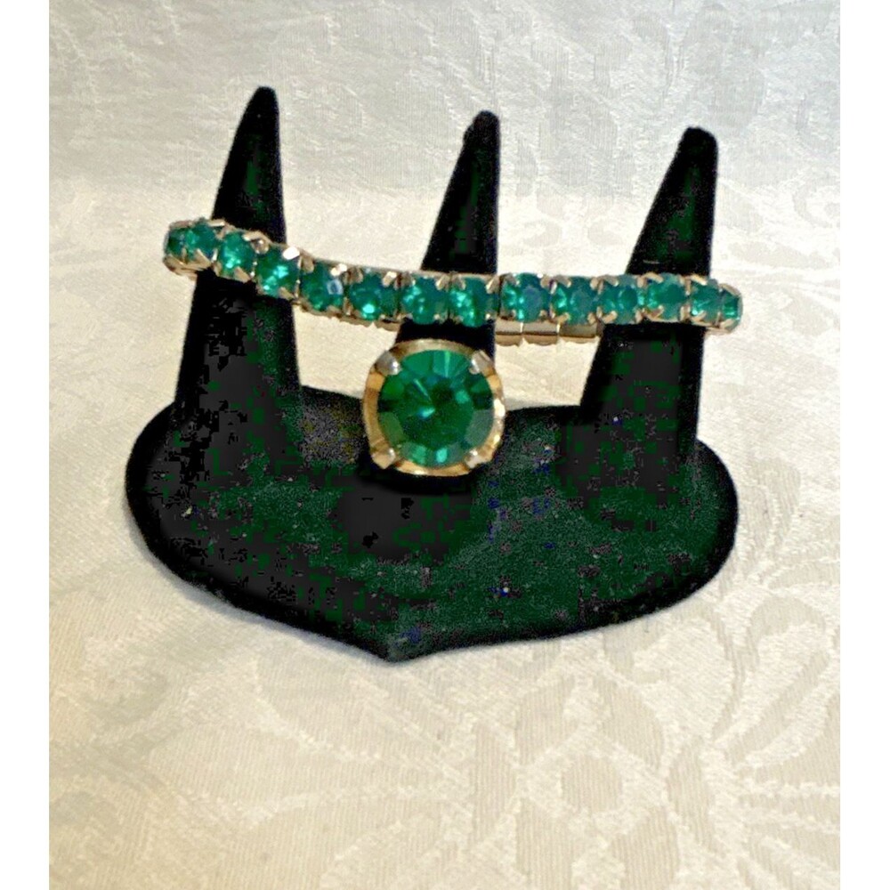 Vintage Green Rhinestone Costume Jewelry Set Round Faux Emerald Ring & Bracelet